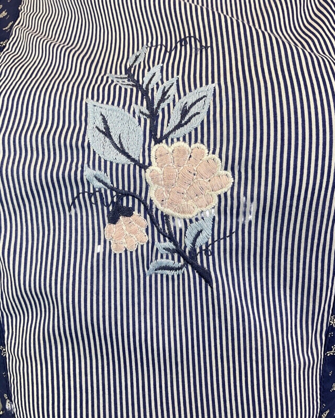 VINTAGE 70s BLUE WHITE PINK POLKA-DOT FLORAL EMBROIDERED BOHO PRAIRIE DRESS 8