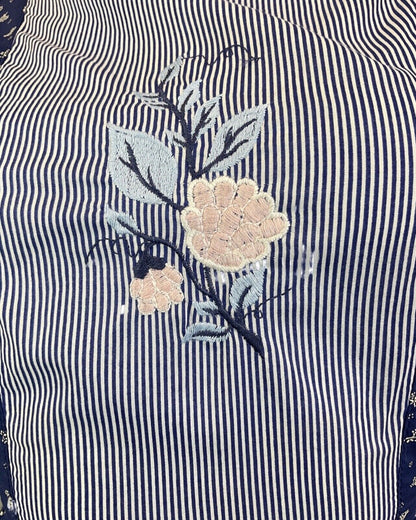 VINTAGE 70s BLUE WHITE PINK POLKA-DOT FLORAL EMBROIDERED BOHO PRAIRIE DRESS 8