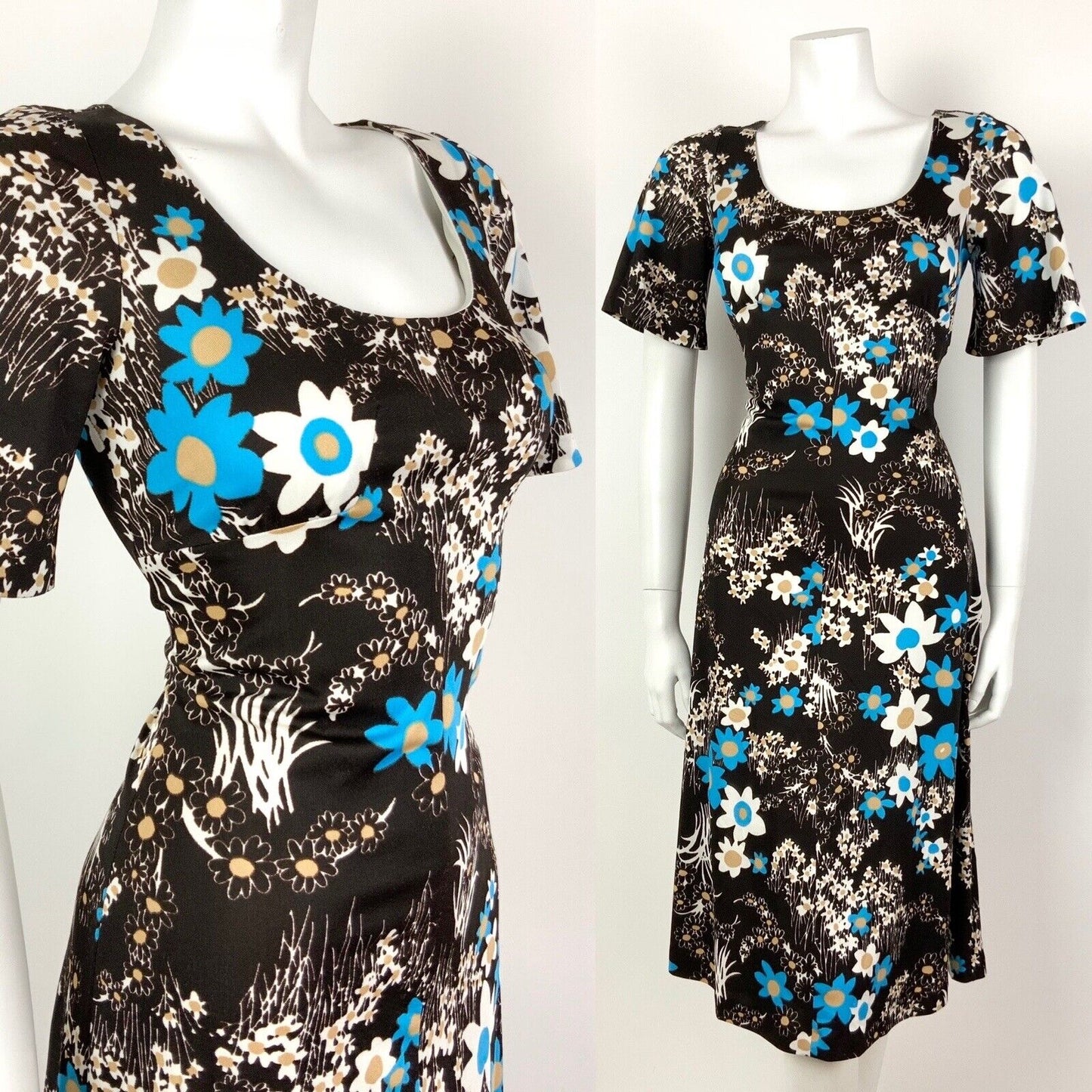 VINTAGE 60s 70s DARK BROWN WHITE BLUE FLORAL DAISY SUMMER DRESS 12