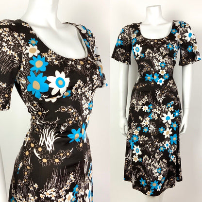 VINTAGE 60s 70s DARK BROWN WHITE BLUE FLORAL DAISY SUMMER DRESS 12