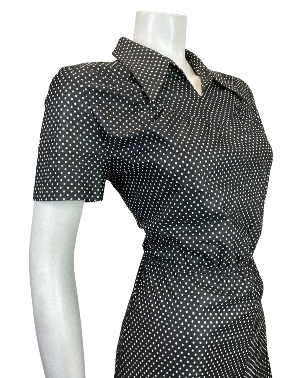 VINTAGE 60s 70s BLACK WHITE YELLOW POLKA-DOT GEOMETRIC DAISY MOD SHIRT DRESS 10