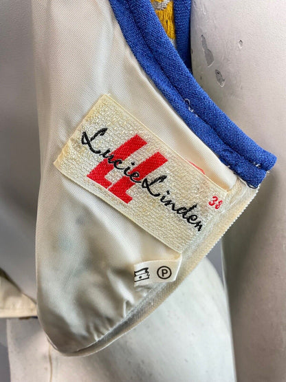 VINTAGE 60s 70s CREAM BLUE YELLOW FLORAL EMBROIDERED SLEEVELESS DRESS 10