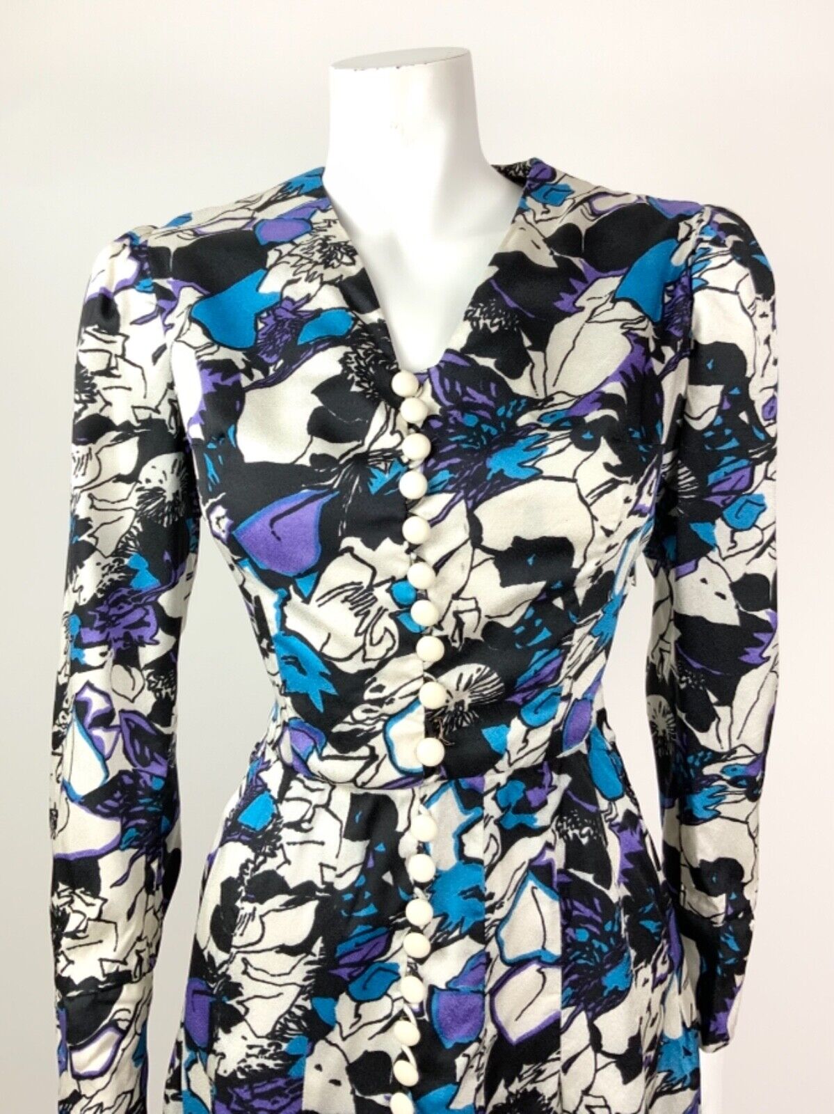 VINTAGE 60s 70s WHITE BLACK BLUE PURPLE PSYCHEDELIC FLORAL DRESS 10 12