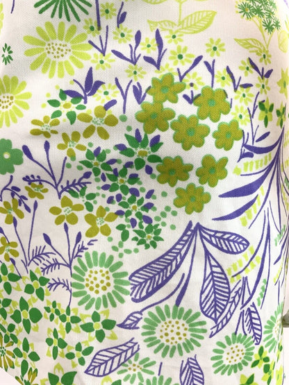 VINTAGE 60s 70s WHITE GREEN PURPLE FLORAL PSYCHEDELIC SLEEVELESS DRESS 10 12