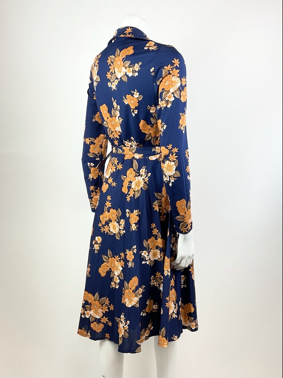 VTG 60s 70s BLUE ORANGE BROWN WHITE FLORAL PLEATED WING COLLAR SHIRT DRESS 12