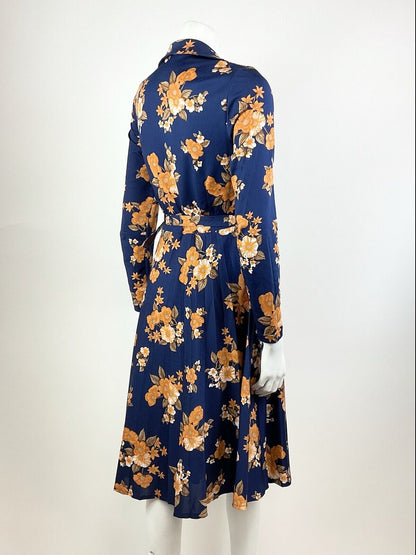 VTG 60s 70s BLUE ORANGE BROWN WHITE FLORAL PLEATED WING COLLAR SHIRT DRESS 12