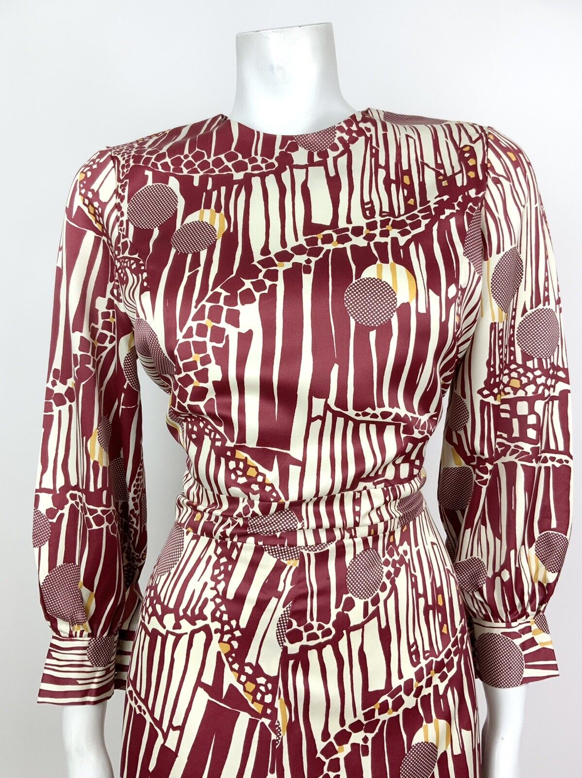 VINTAGE 60s 70s CHERRY RED WHITE GOLD GEOMETRIC PSYCHEDELIC DRESS 12 14