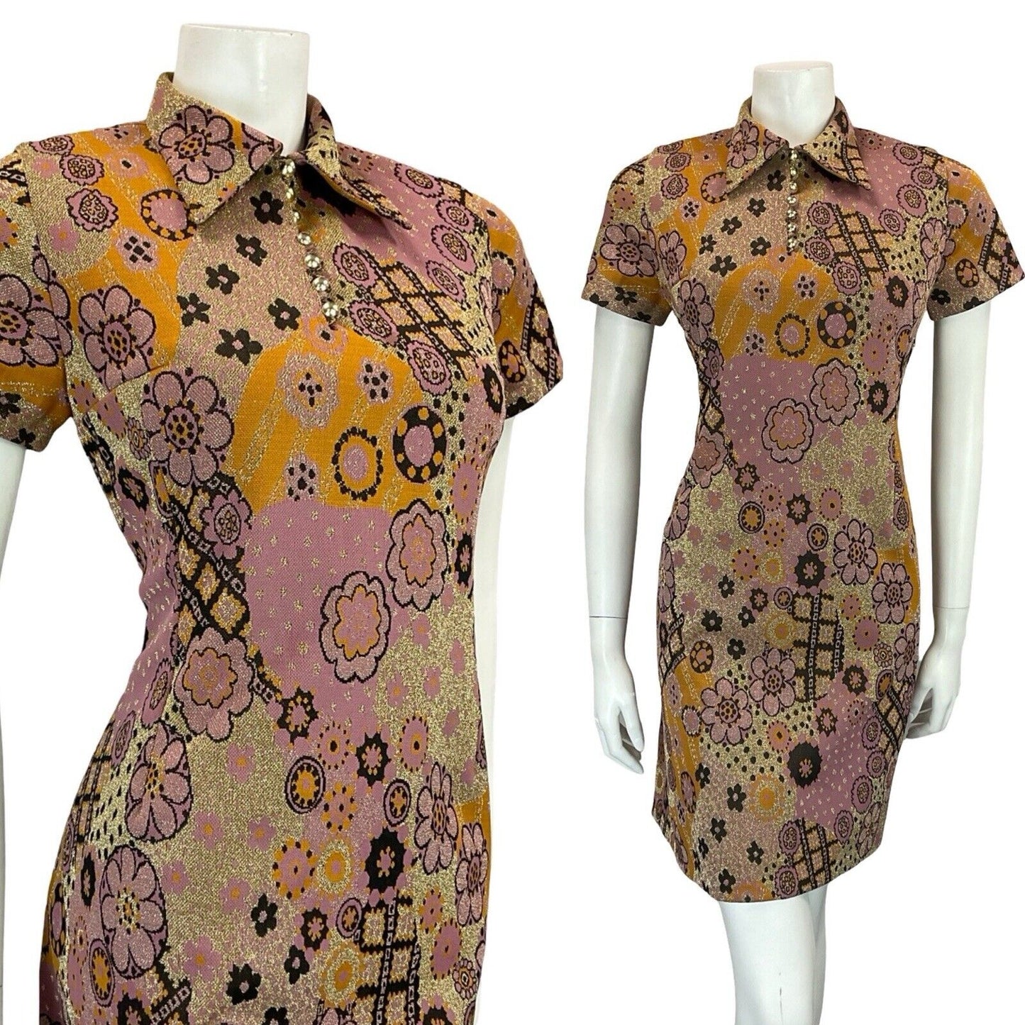 VTG 60S PINK GOLD BLACK ORANGE FLORAL PSYCHEDELIC WING COLLAR PARTY DRESS 8