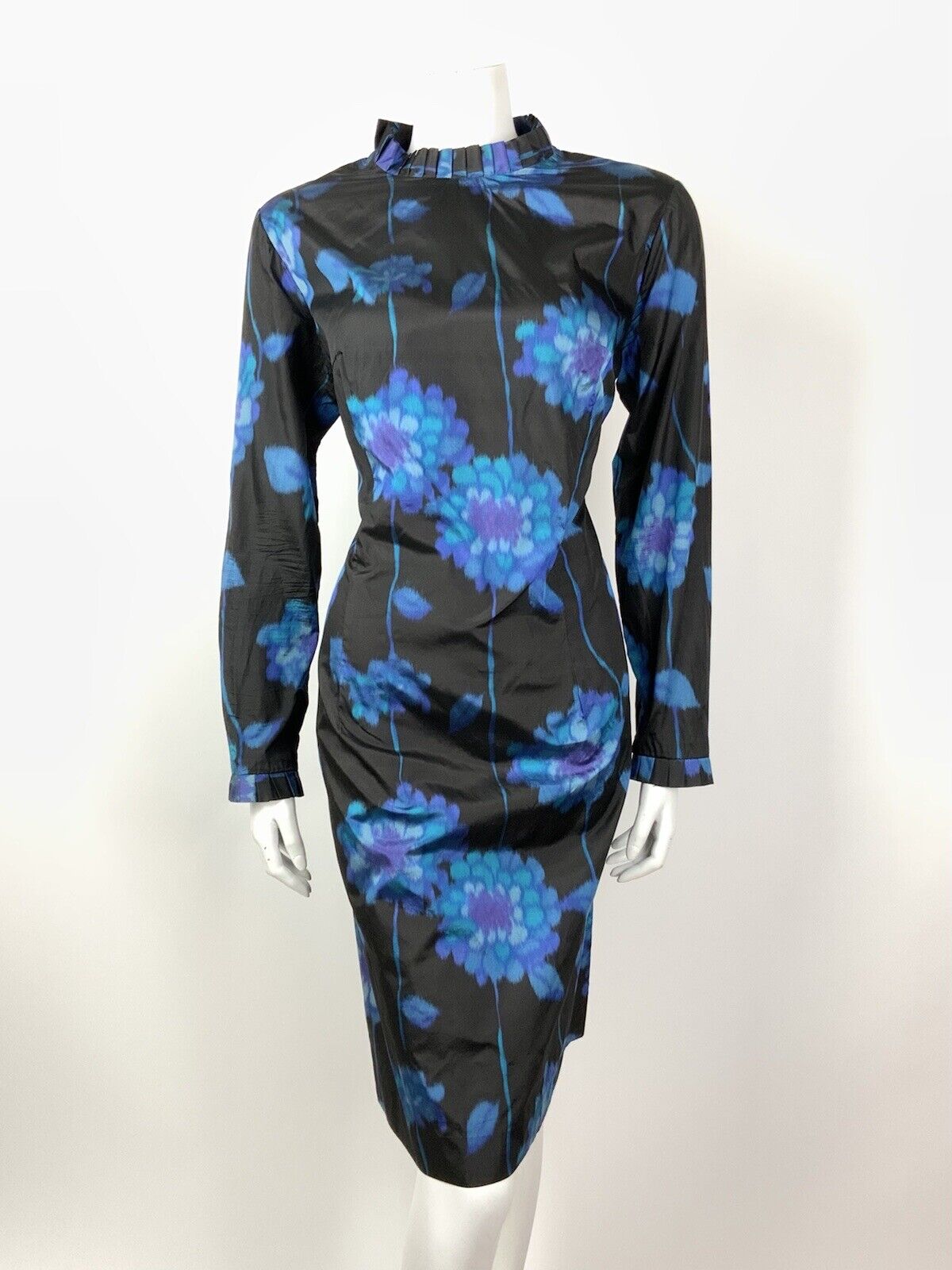 VINTAGE 60s 70s BLACK BLUE PURPLE FLORAL PSYCHEDELIC RUFFLE COLLAR DRESS 14 16