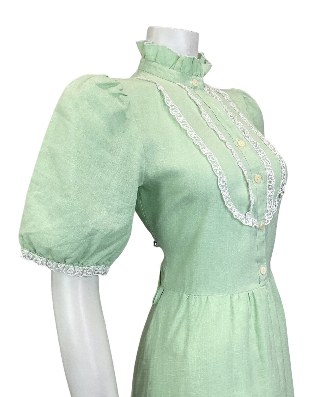VINTAGE 60s 70s MINT GREEN WHITE LACE RUFFLED BOHO PRAIRIE MIDI DRESS 10