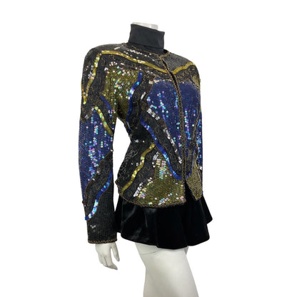 VINTAGE 70s 80s BLACK BLUE GOLD GEOMETRIC WAVY DISCO GLAM TROPHY JACKET 14 16