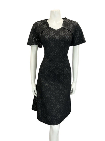 VTG 60S BLACK SILVER GEOMETRIC FLORAL SWEETHEART RUCHED PARTY DRESS 12 14. M