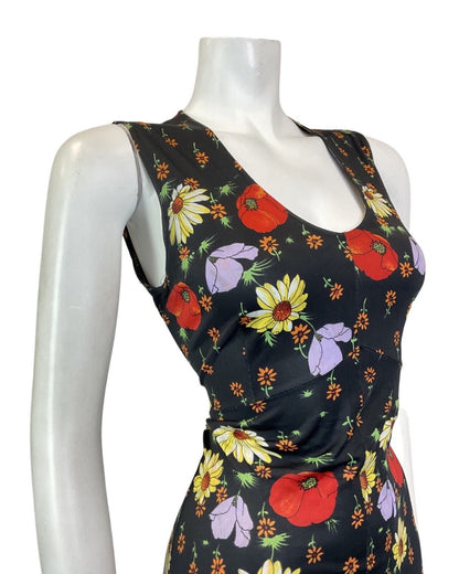 VINTAGE 60s 70s BLACK RED YELLOW FLORAL POPPY SLEEVELESS SUMMER DRESS 10 12