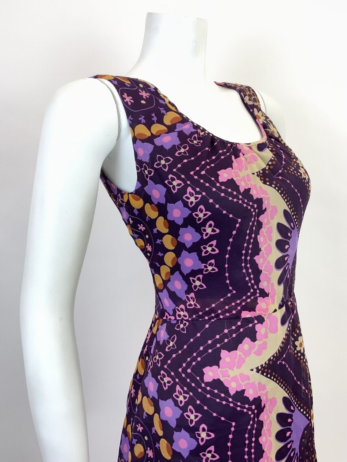 VINTAGE 60s 70s PURPLE PINK CREAM PSYCHEDELIC FLORAL SHEER MOD DRESS 10