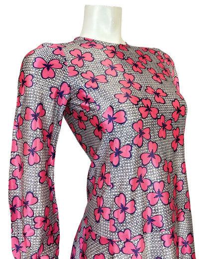 VINTAGE 60s STYLE 90s WHITE BLUE PINK GEOMETRIC FLORAL MOD DROP-WAIST DRESS 4