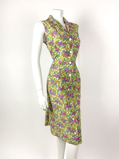 VINTAGE 60s 70s GREEN PINK PURPLE YELLOW FLORAL SLEEVELESS SHIRT DRESS 14 16