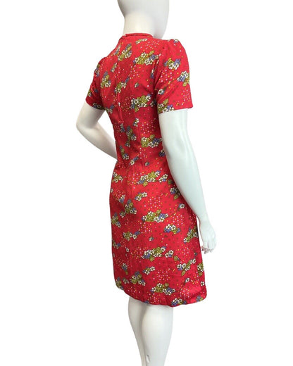 VINTAGE 60s 70s PILLARBOX RED BLUE GREEN DAISY FLOWER SQUARE MOD SUMMER DRESS 16