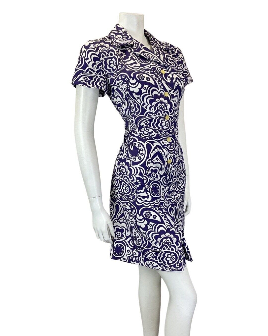 VINTAGE 60s 70s PURPLE WHITE PSYCHEDELIC FLORAL PAISLEY MOD SHORT SHIRT DRESS 12