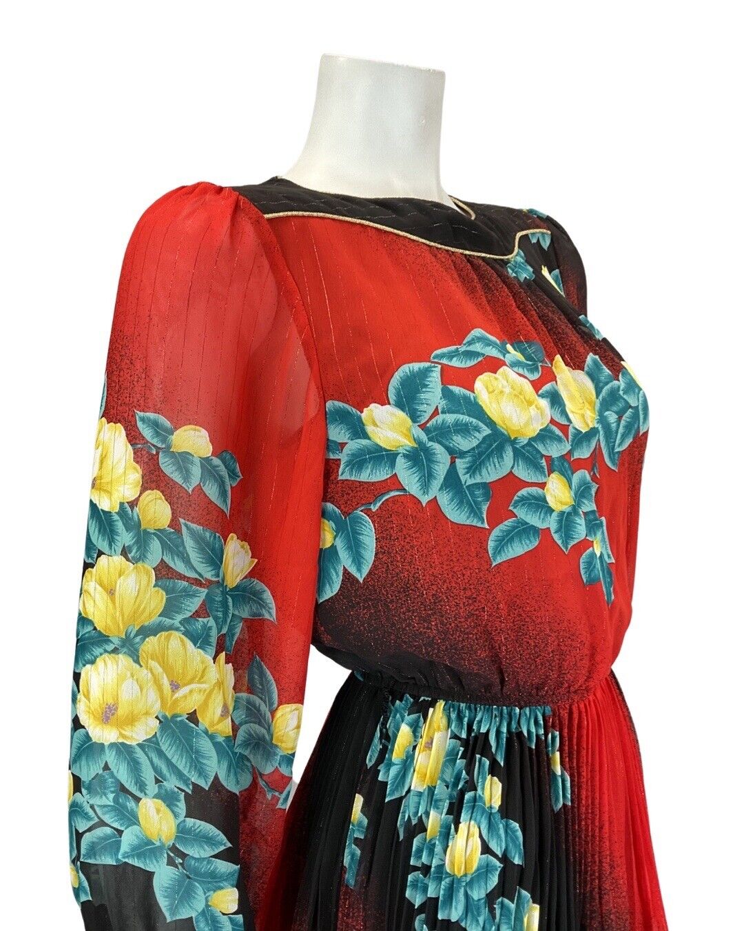 VINTAGE 60s 70s RED BLACK FLORAL SHEER BOHO BLOUSON SWING DRESS 8 10
