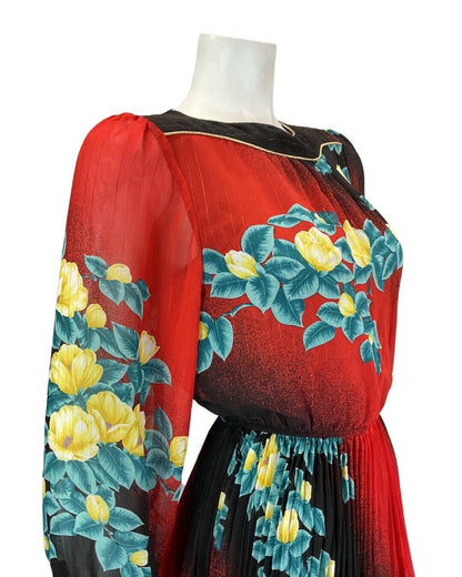 VINTAGE 60s 70s RED BLACK FLORAL SHEER BOHO BLOUSON SWING DRESS 8 10