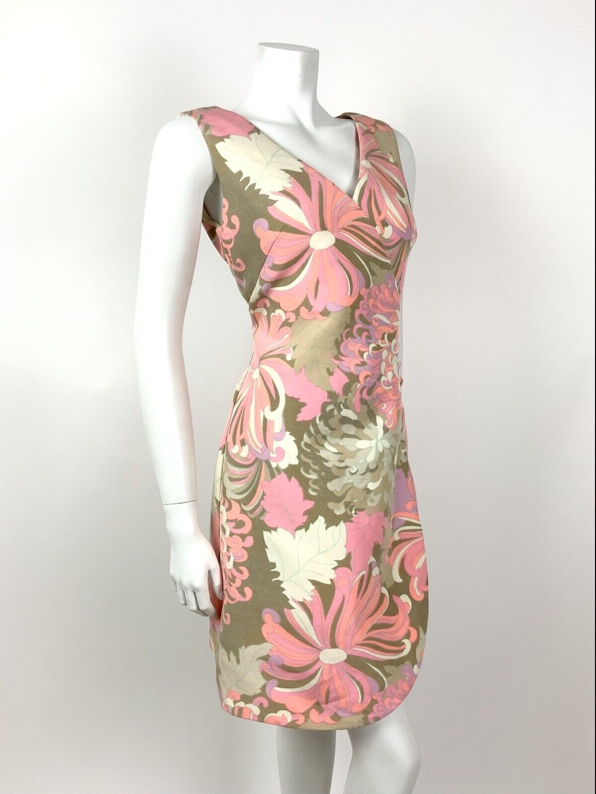 VINTAGE 60s 70s NEON PINK PURPLE BEIGE BROWN PSYCHEDELIC FLORAL WRAP DRESS 12