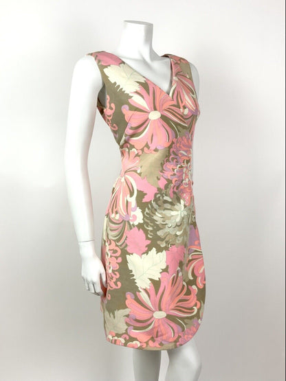 VINTAGE 60s 70s NEON PINK PURPLE BEIGE BROWN PSYCHEDELIC FLORAL WRAP DRESS 12