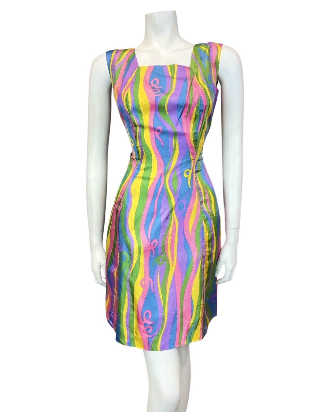VINTAGE 60s 70s PURPLE BLUE YELLOW GREEN PSYCHEDELIC SLEEVELESS WIGGLE DRESS 10