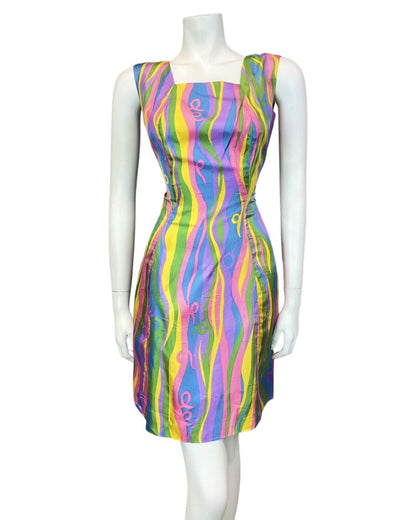 VINTAGE 60s 70s PURPLE BLUE YELLOW GREEN PSYCHEDELIC SLEEVELESS WIGGLE DRESS 10