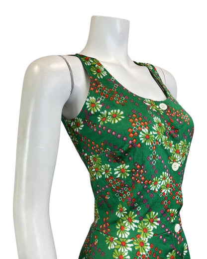 VINTAGE 60s 70s GREEN RED PURPLE DAISY FLOWER GEOMETRIC MOD SLEEVELESS DRESS 8