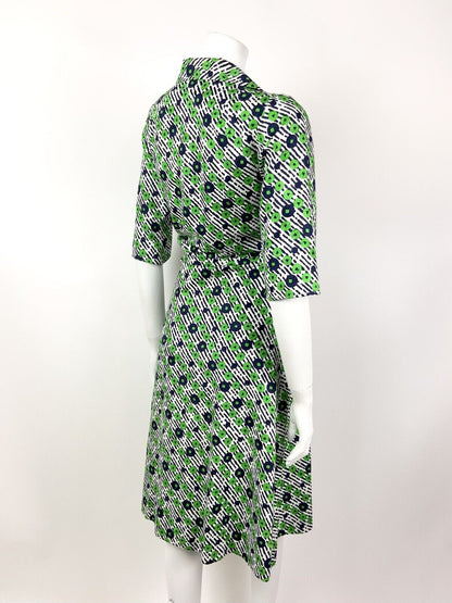 VINTAGE 60s 70s NAVY BLUE GREEN STRIPED FLORAL PLUNGING MOD SHIRT DRESS 12