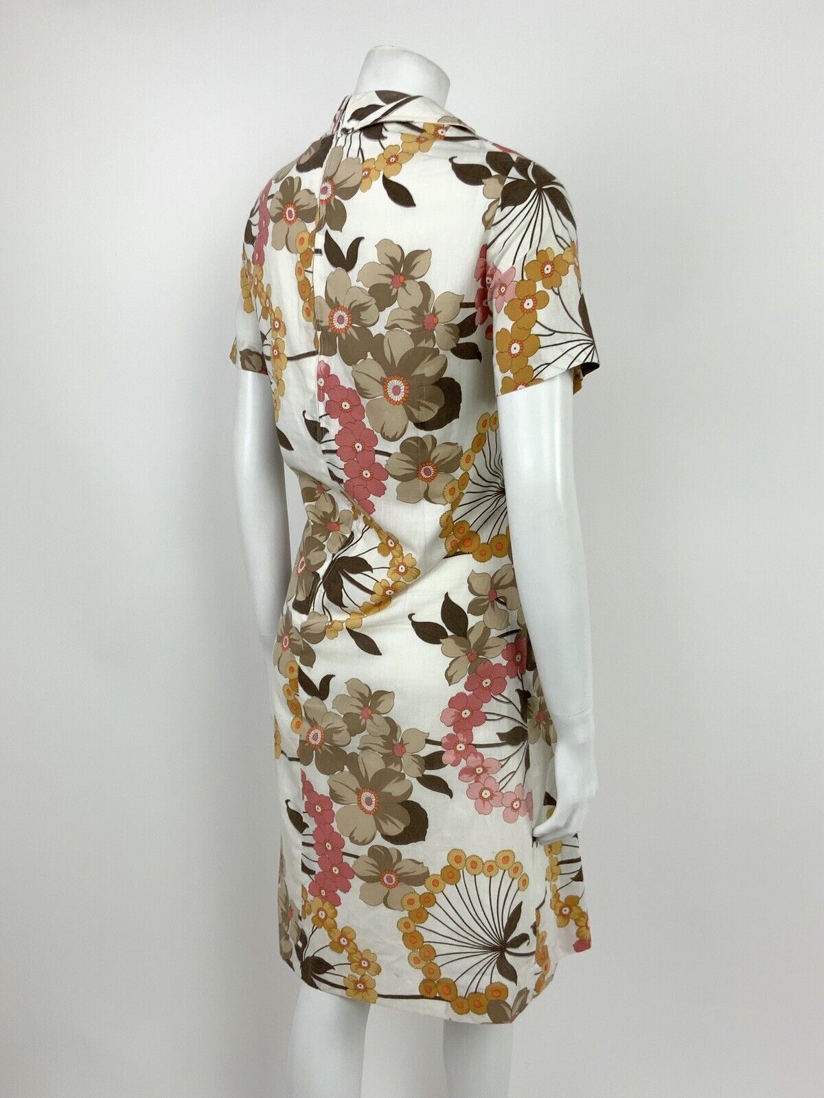 VINTAGE 60s 70s WHITE BROWN YELLOW PINK FLORAL CLOVER COLLAR DRESS 12 14
