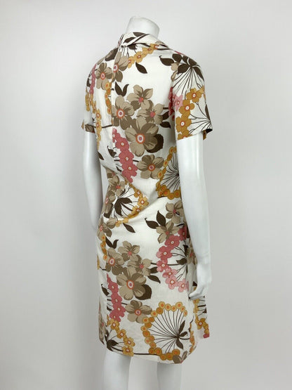 VINTAGE 60s 70s WHITE BROWN YELLOW PINK FLORAL CLOVER COLLAR DRESS 12 14