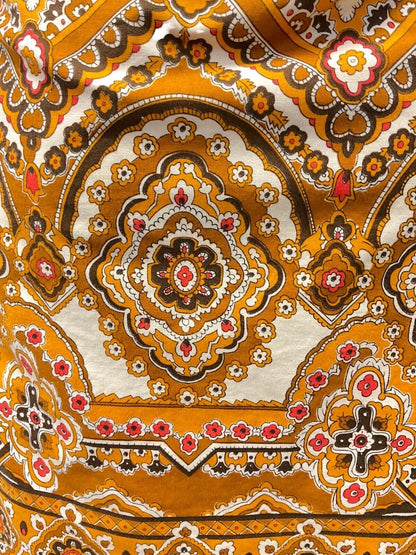 VINTAGE 60s 70s BROWN YELLOW WHITE FLORAL MANDALA BOHO MOD SHIRT DRESS 10