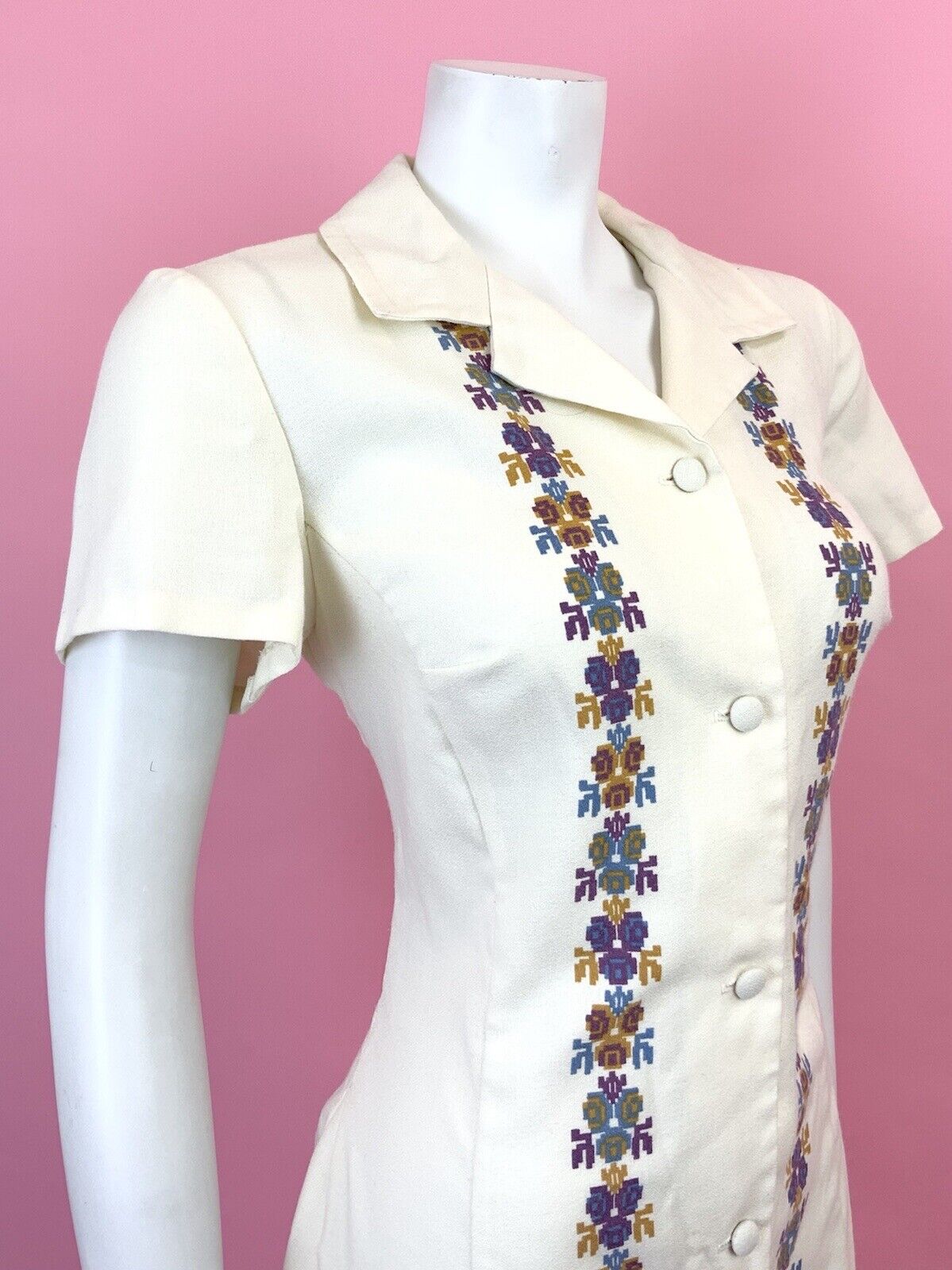 VINTAGE 60s 70s CREAM BLUE PURPLE PIXEL ROSE FLORAL REVERS SHIRT DRESS 12 14
