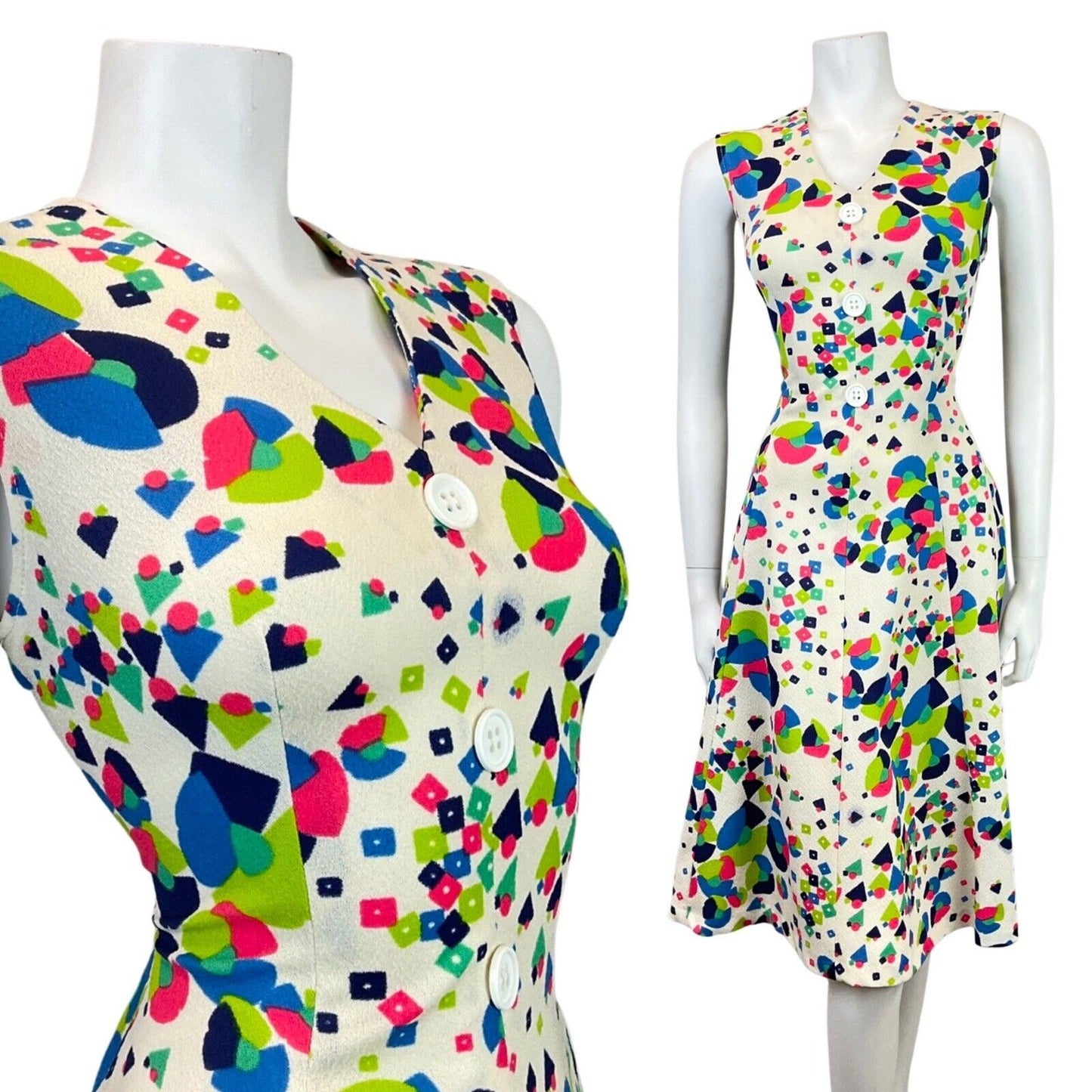 VINTAGE 60s 70s CREAM GREEN PINK GEOMETRIC PSYCHEDELIC SLEEVELESS SWING DRESS 12