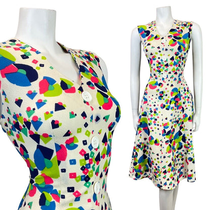VINTAGE 60s 70s CREAM GREEN PINK GEOMETRIC PSYCHEDELIC SLEEVELESS SWING DRESS 12