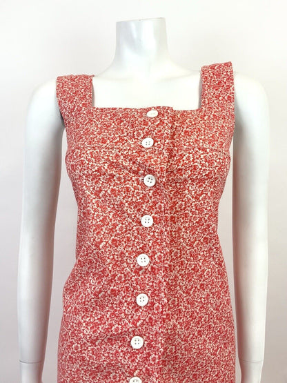 VTG 60s 70s RED WHITE FLORAL DITSY MOD BOHO PINAFORE SLEEVELESS SHIFT DRESS 8