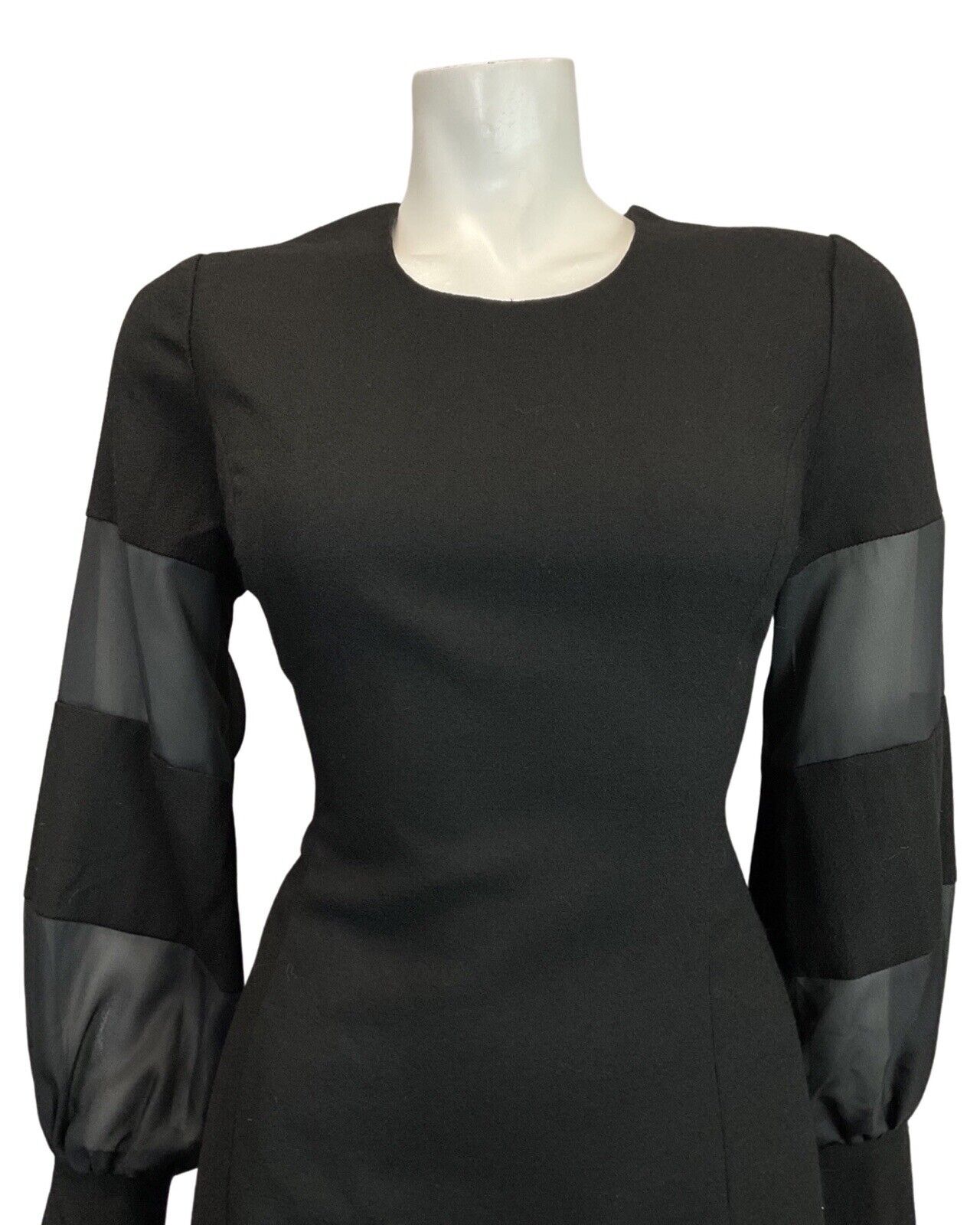 VINTAGE 60s 70s JET BLACK SHEER PUFF SLEEVE MOD DRESS 12