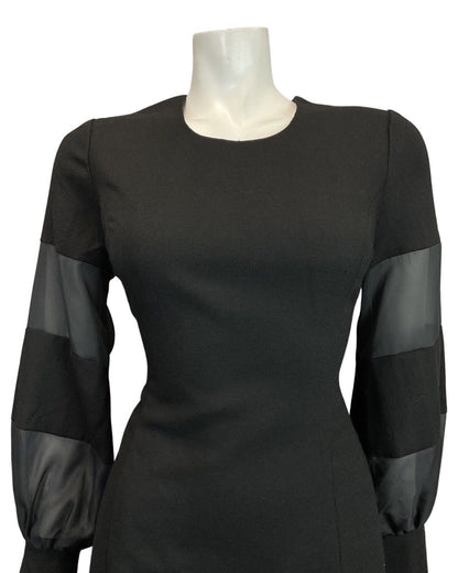 VINTAGE 60s 70s JET BLACK SHEER PUFF SLEEVE MOD DRESS 12