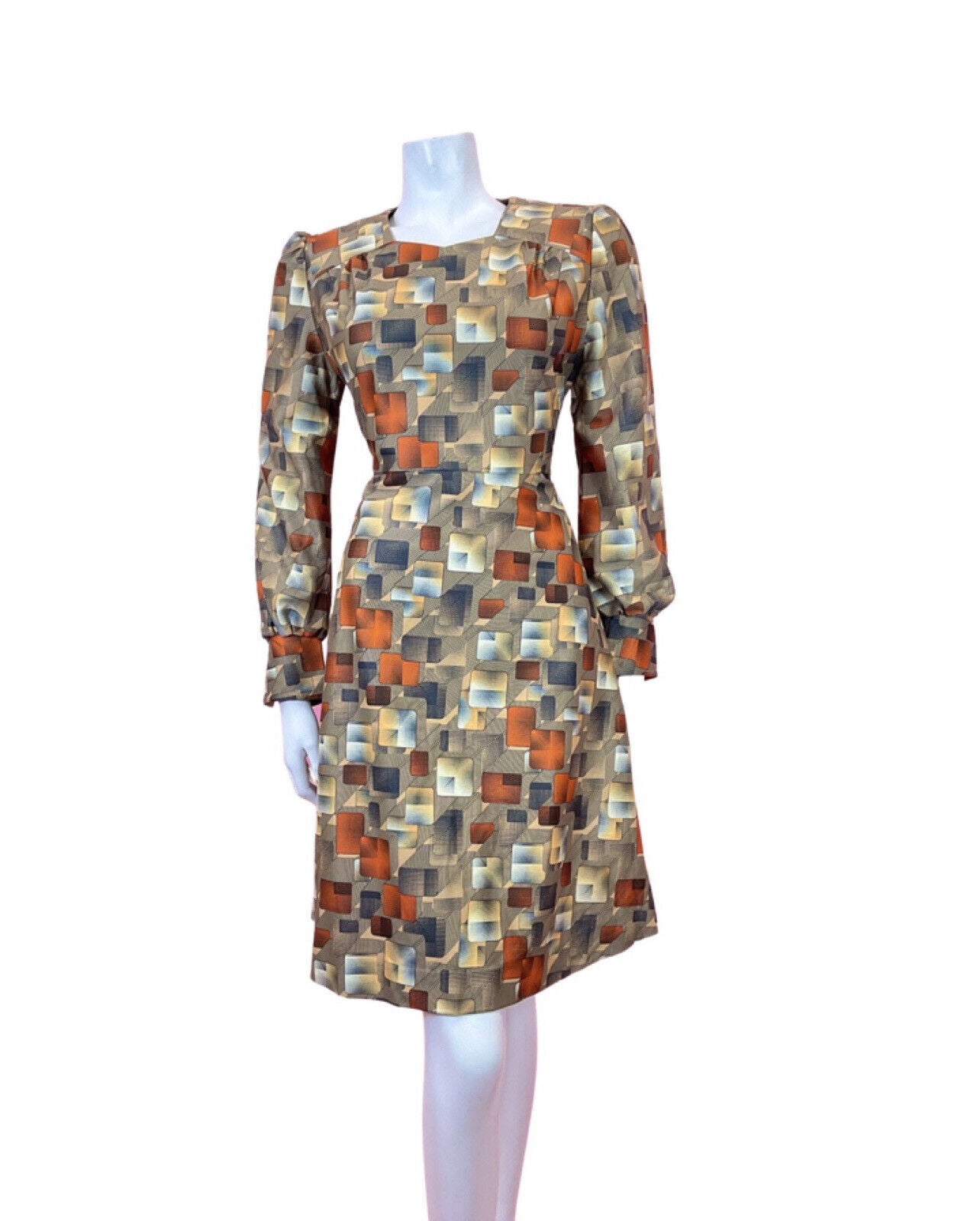 VINTAGE 60s 70s YELLOW BLACK ORANGE GEOMETRIC GRID CHECKED DRESS 10 12