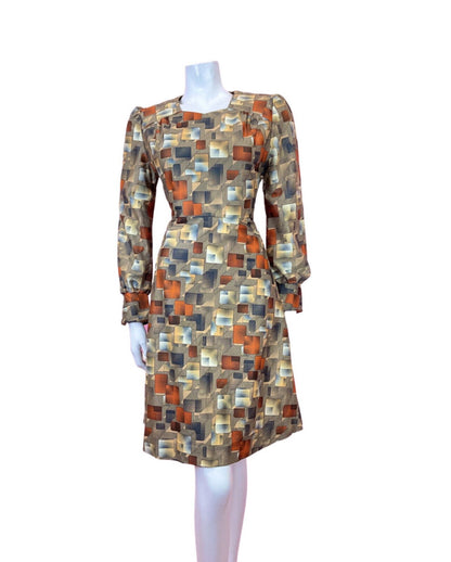 VINTAGE 60s 70s YELLOW BLACK ORANGE GEOMETRIC GRID CHECKED DRESS 10 12