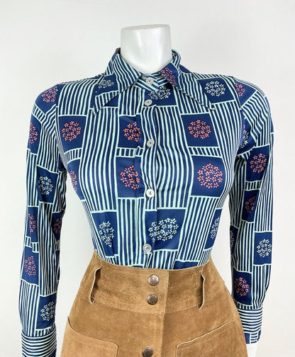 VINTAGE 60s 70s BLUE PINK STRIPED FLORAL BLOSSOM DAGGER SHIRT BLOUSE 8 10
