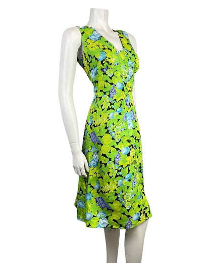 VINTAGE 60s 70s GREEN BLACK BLUE FLORAL GRAPES SLEEVELESS SUMMER DRESS 10 12