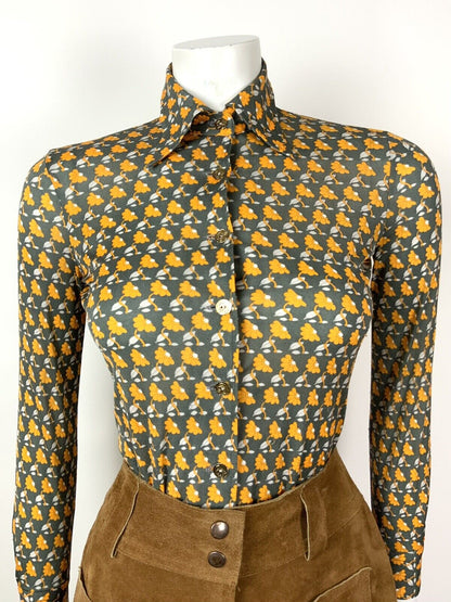 VINTAGE 70s STYLE 90s GREY SILVER YELLOW FLORAL STRIPED DAGGER SHIRT BLOUSE 8