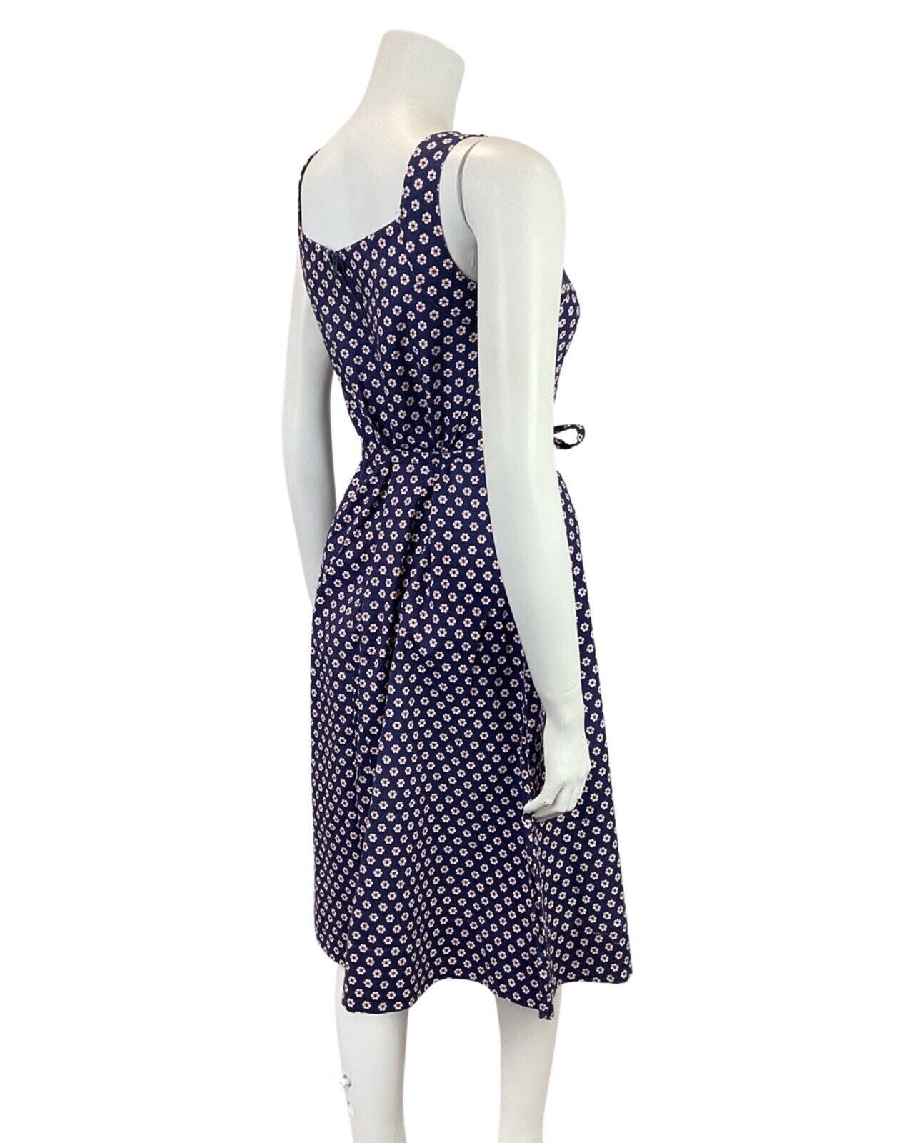 VINTAGE 60s 70s BLUE WHITE RED POLKA-DOT DAISY FLOWER STRAPPY SUN DRESS 8