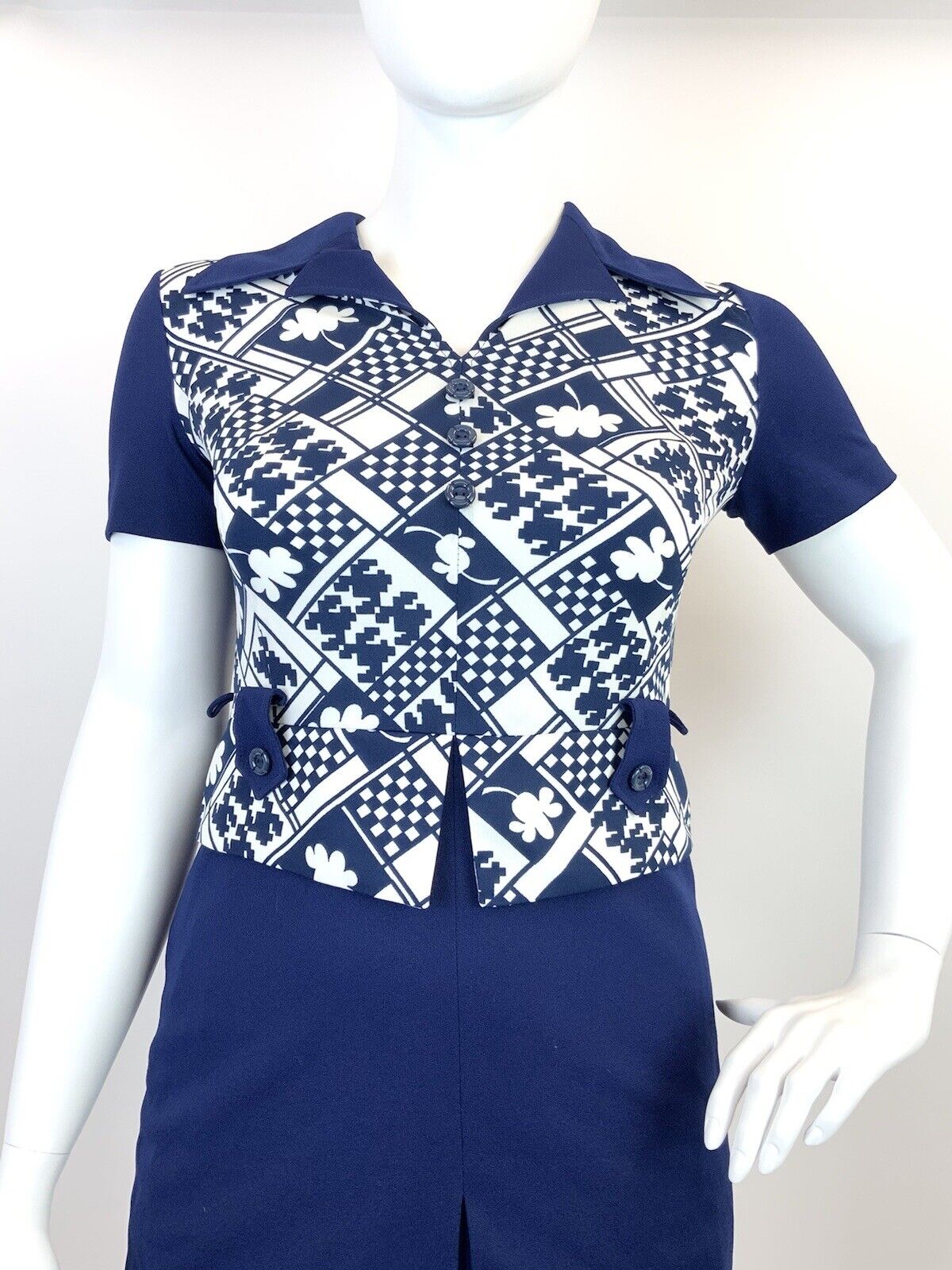 VINTAGE 60s 70s BLUE WHITE GEOMETRIC CHECKERBOARD MOD DAGGER SHIRT DRESS 14 16