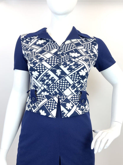VINTAGE 60s 70s BLUE WHITE GEOMETRIC CHECKERBOARD MOD DAGGER SHIRT DRESS 14 16
