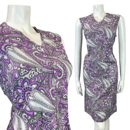 VINTAGE 60s 70s PURPLE GREY WHITE PSYCHEDELIC MANDALA FLORAL SLEEVELESS 12 14