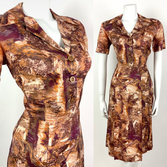 VINTAGE 60s 70s BROWN CREAM BURGUNDY ABSTRACT REVERS DAGGER SHIRT DRESS 10 12