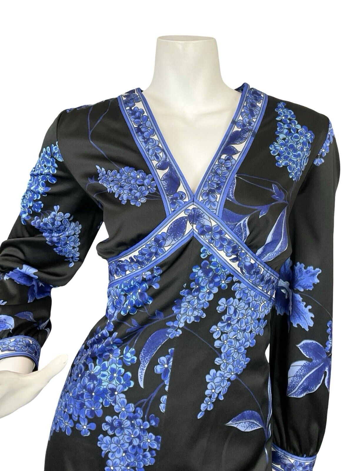 VTG 70S BLACK BLUE FLORAL PLUNGING NECKLINE BOHO HIPPY MAXI LONG SLEEVE DRESS 16